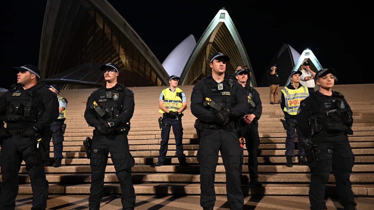 Police outside Opera House during pro-Palestinian protest in Sydney