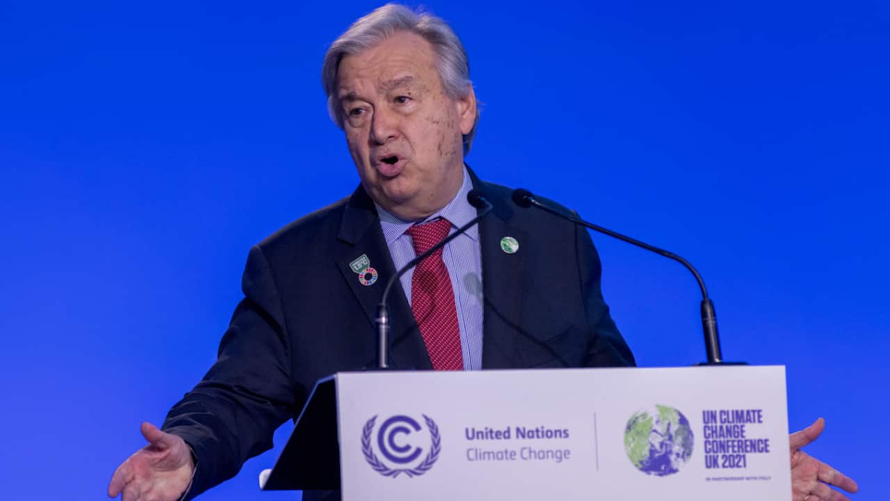 Antonio Guterres, Secretary-General of the United Nations speaks during the COP26 Climate Conference, 11 November 2021.