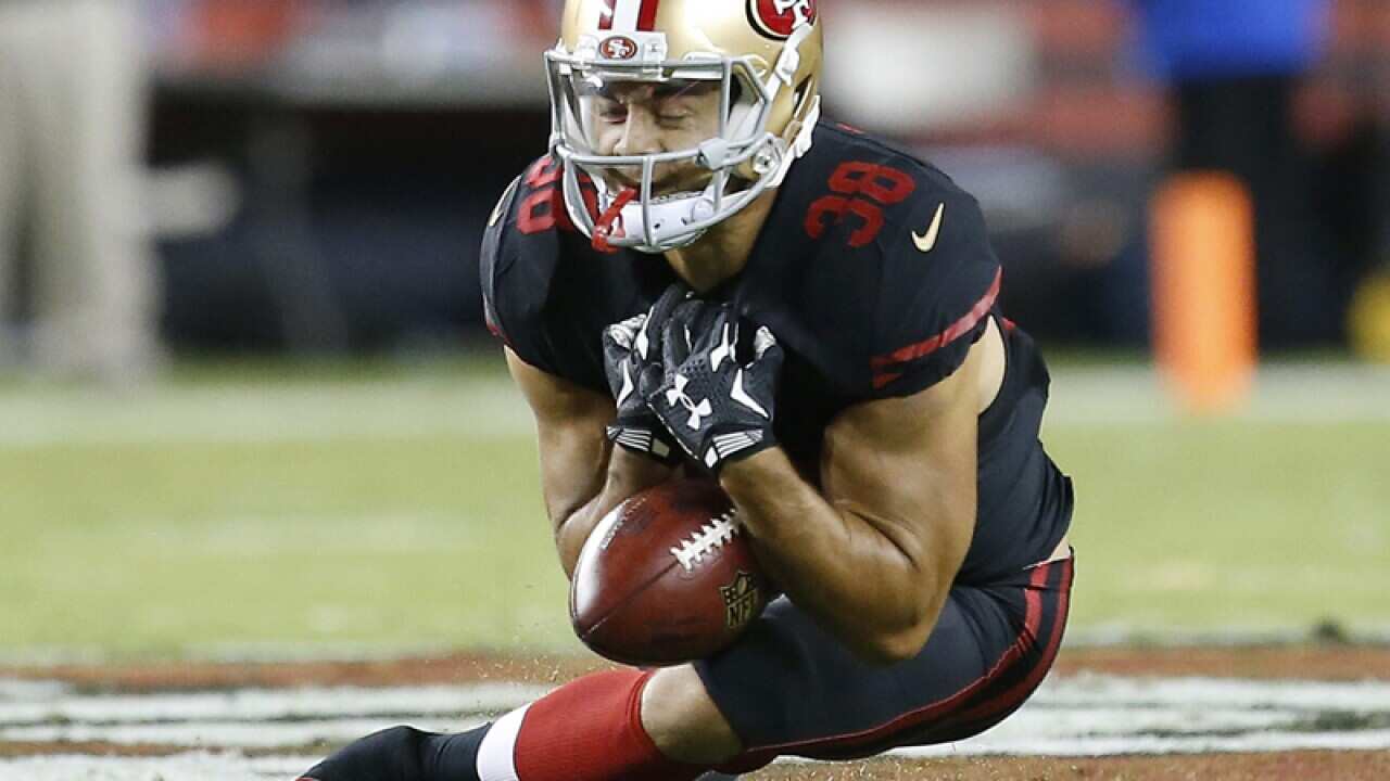 San Francisco 49ers' Jarryd Hayne (38) fumbles a punt