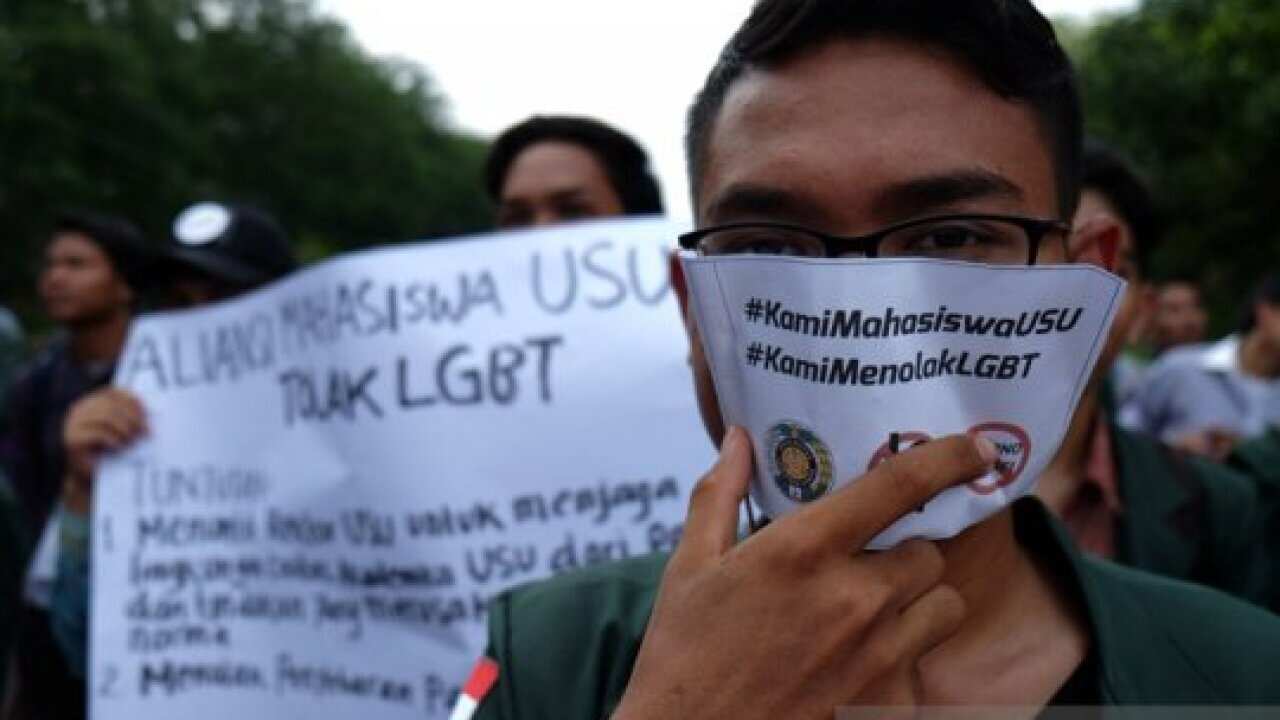 Students from the Alliance of North Sumatera University, ‘Students Who Refuse LGBT’, demonstrate on campus.