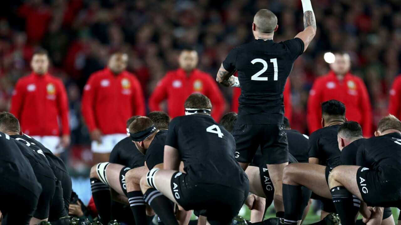 TJ Perenara of New Zealand leads the prematch haka