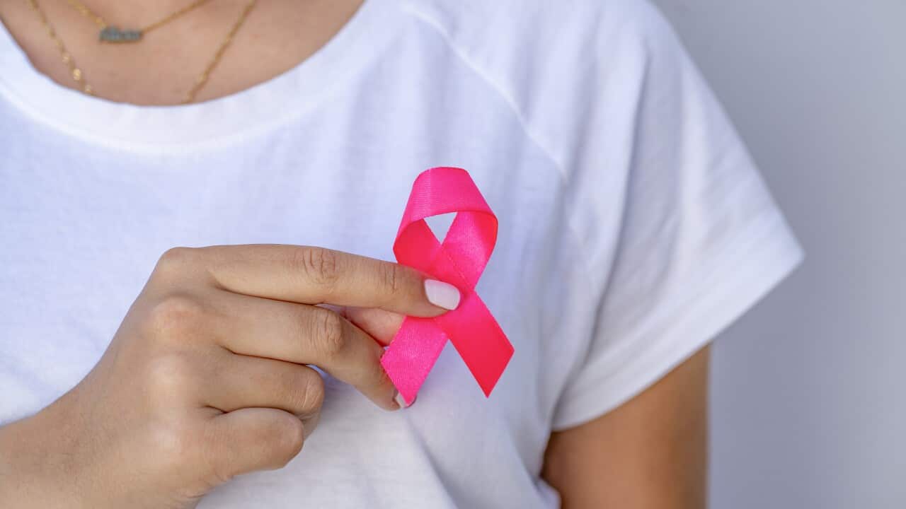 Young woman with pink ribbon on a white background. Mammary cancer