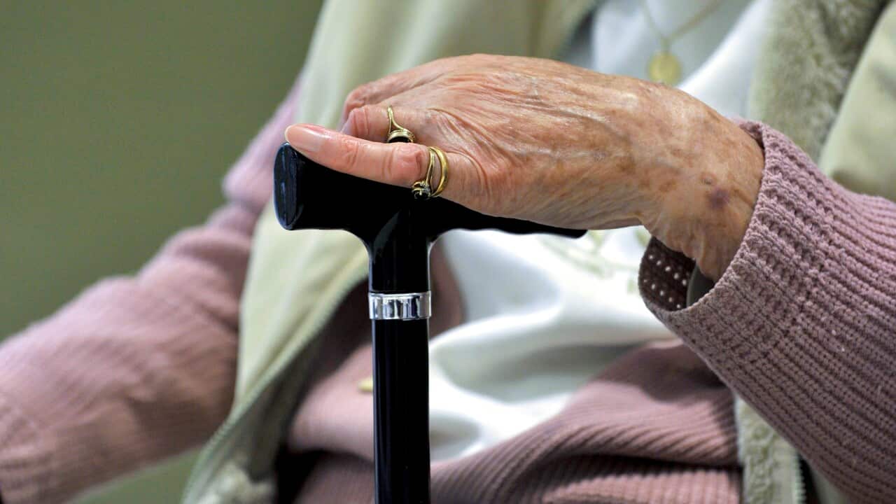An elderly person’s hand with rings resting on a walking cane.