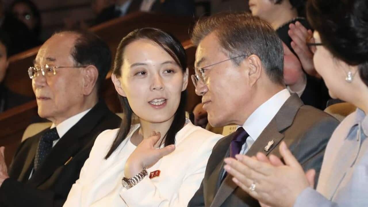 South Koran President Moon Jae-in talks with Kim Yo Jong