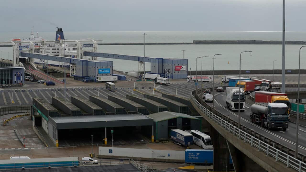 Trucks take part in a no-deal Brexit trial at the Port of Dover