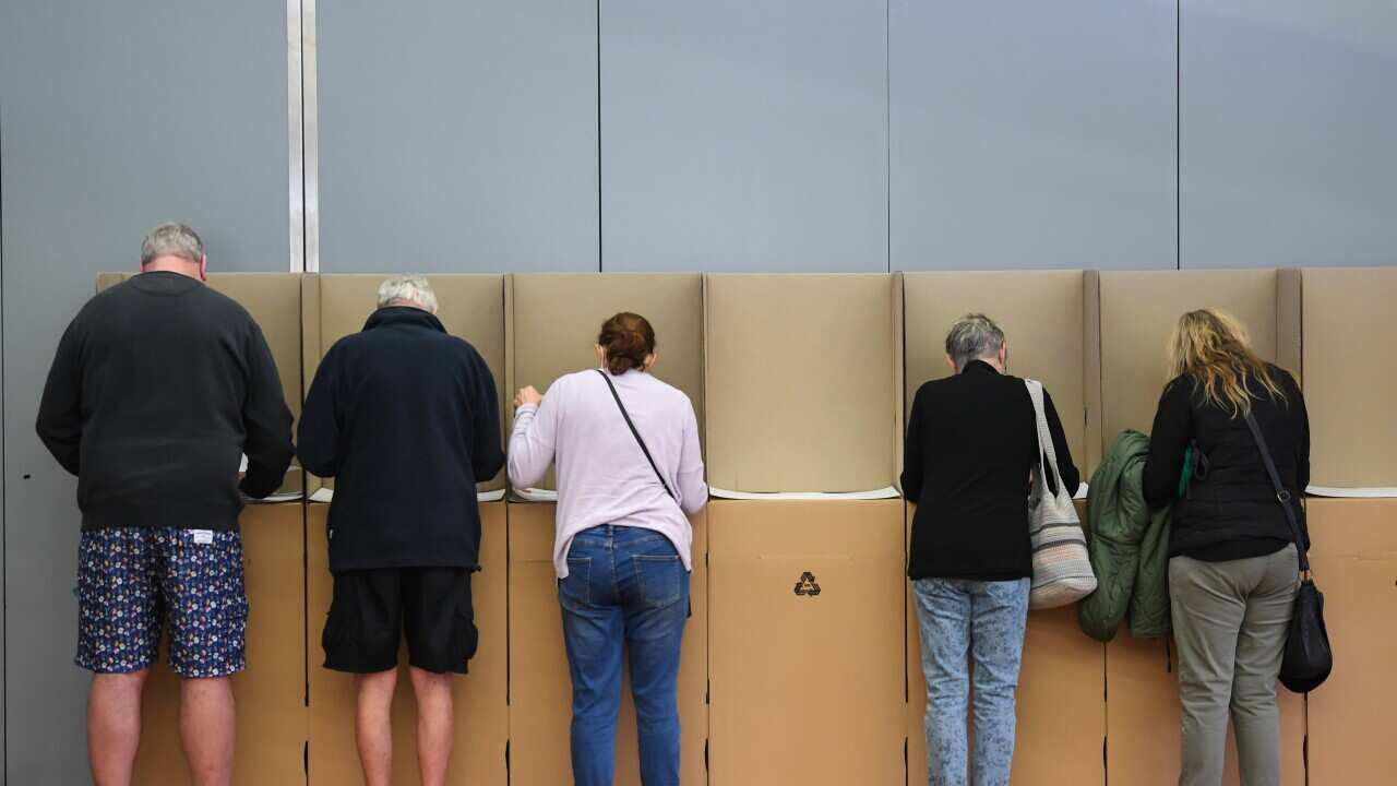 People standing at voting booths filling out ballot papers.