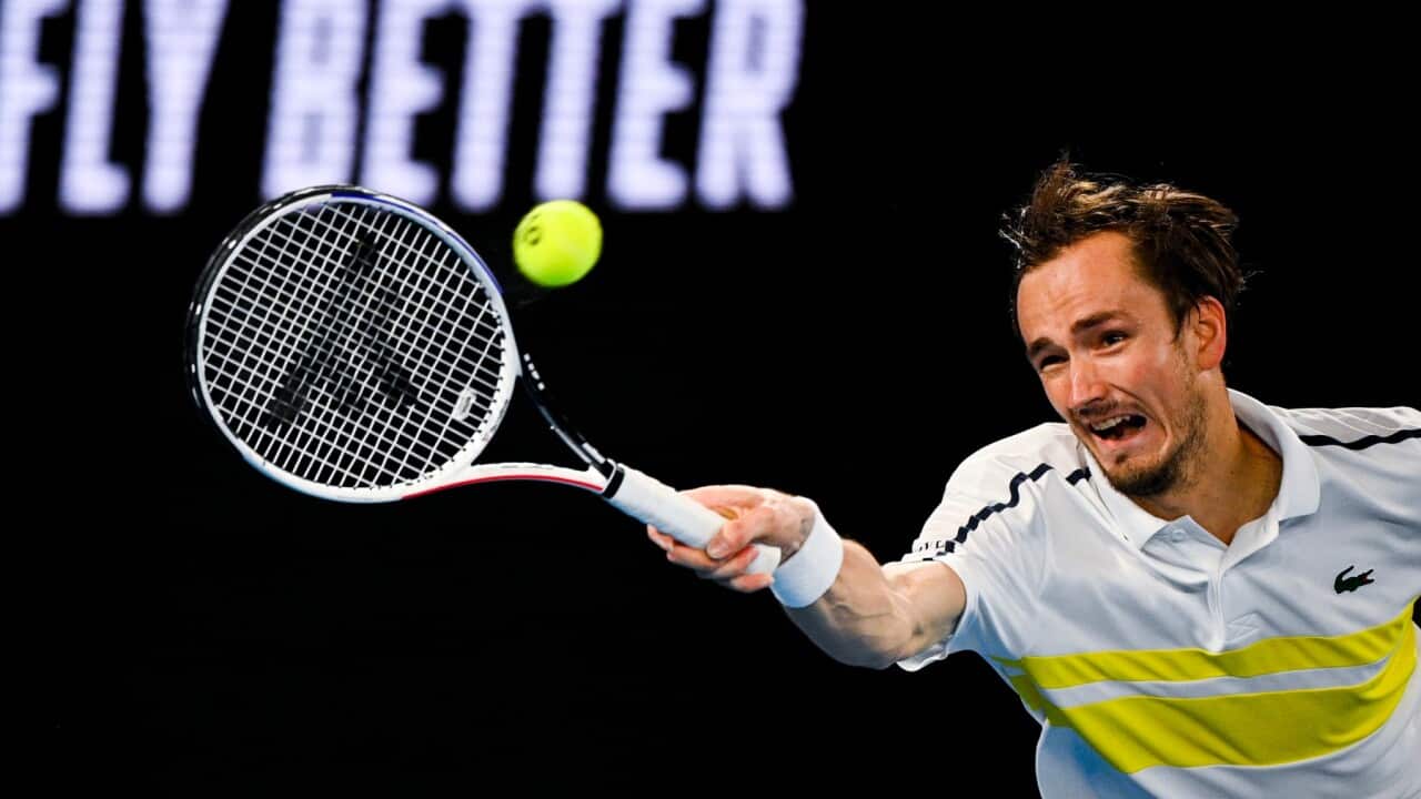 Daniil Medvedev of Russia in action during his Men's singles finals match against Novak Djokovic of Serbia on Day 14 of the Australian Open at Melbourne Park in Melbourne, Sunday, February 21, 2021.