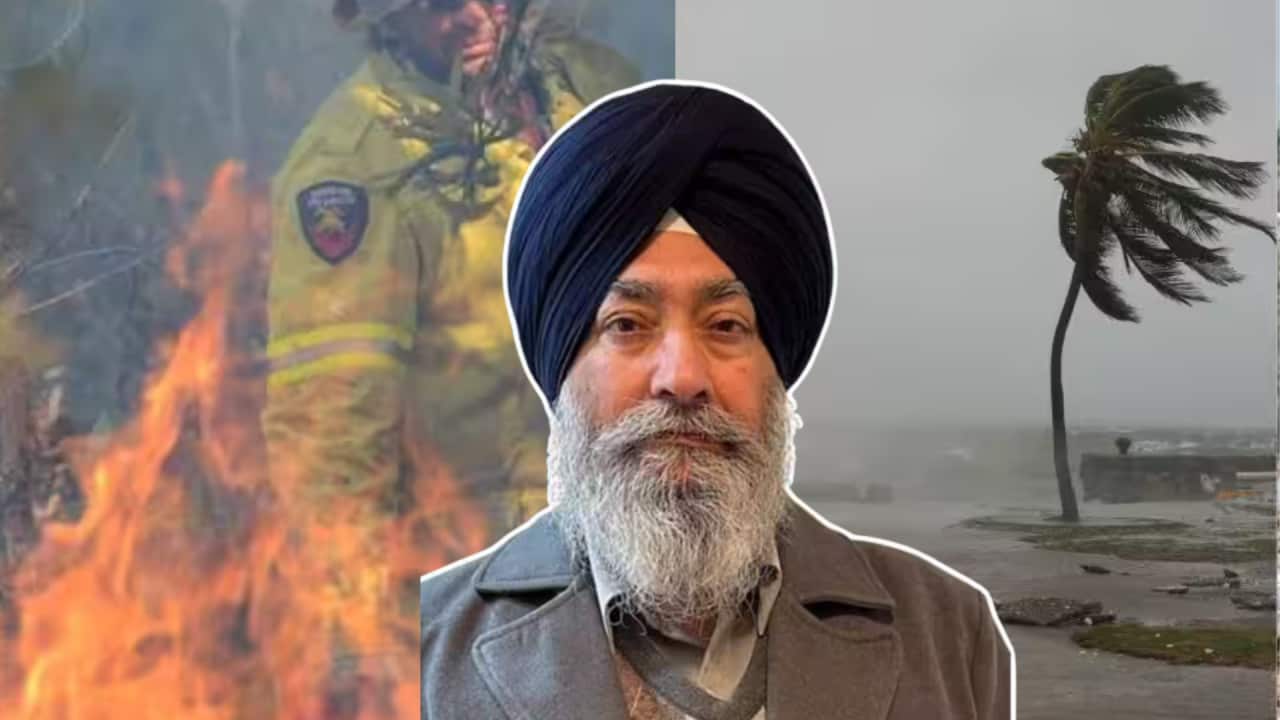 Image of a turban-wearing person superimposed on collage of two images, one of bushfire and other of rain and floods, depecting extreem weather conditions.