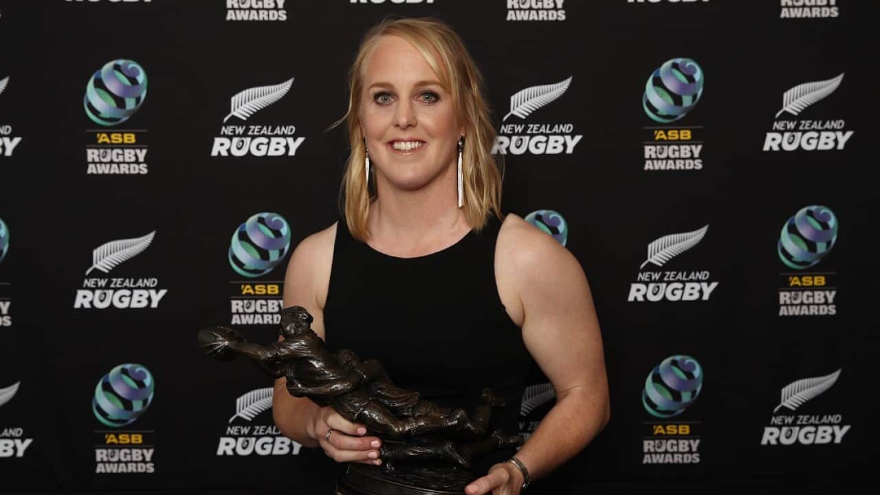 Kendra Cocksedge holds the Kelvin R Tremain Memorial Player of the Year Award during the 2018 ASB Rugby Awards.