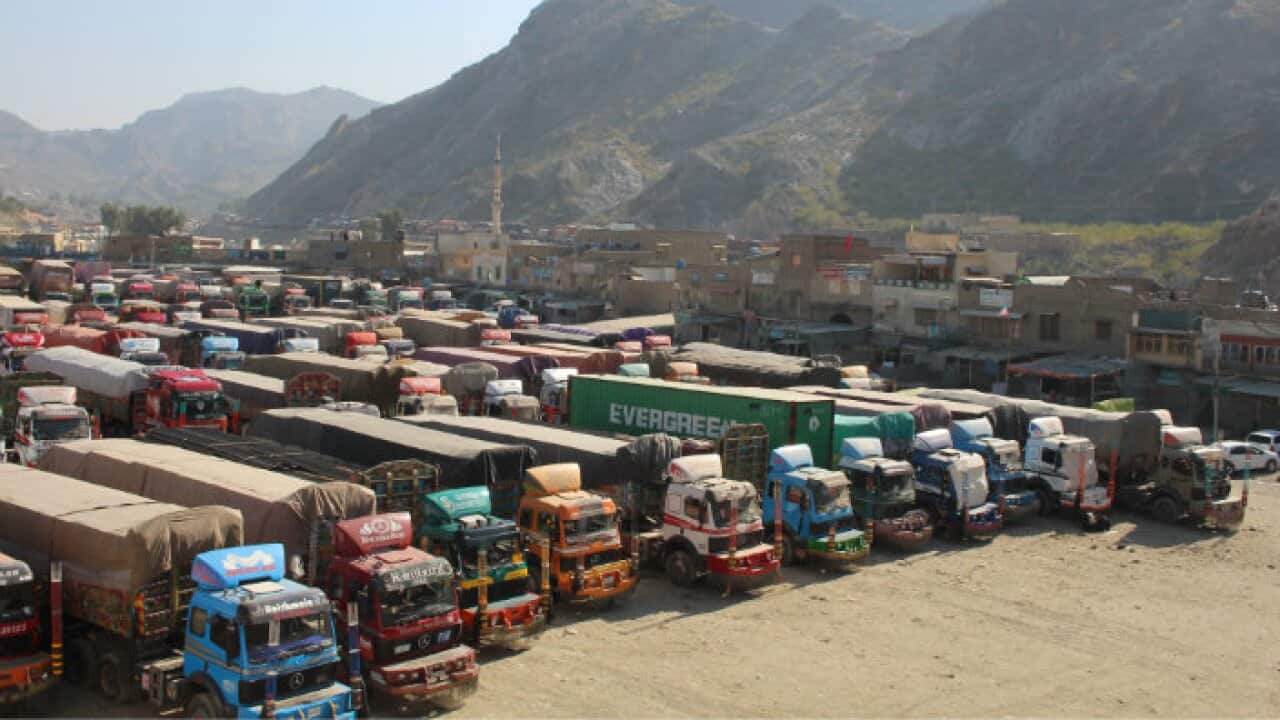 Lorries parked in Torkham.