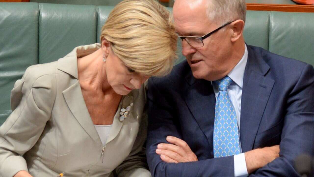 Frontbenchers Julie Bishop and Malcolm Turnbull speak in sotto voce
