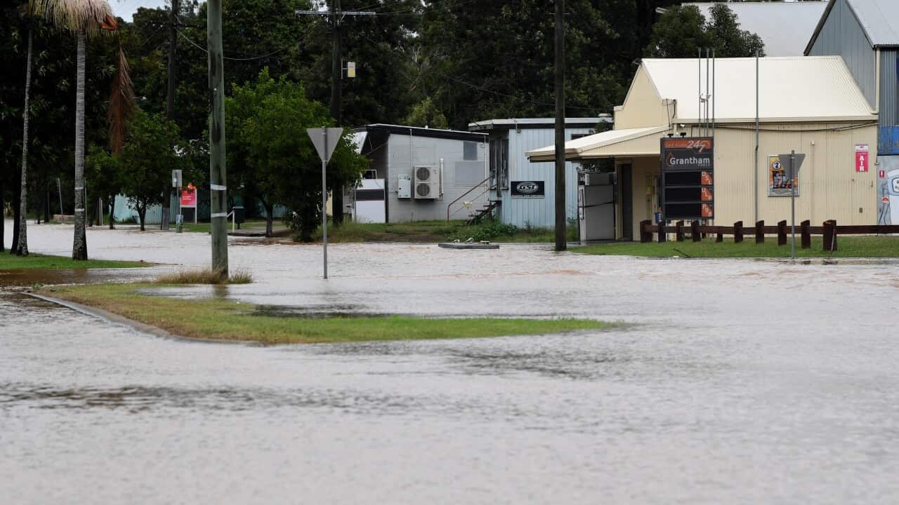 A flooded street.