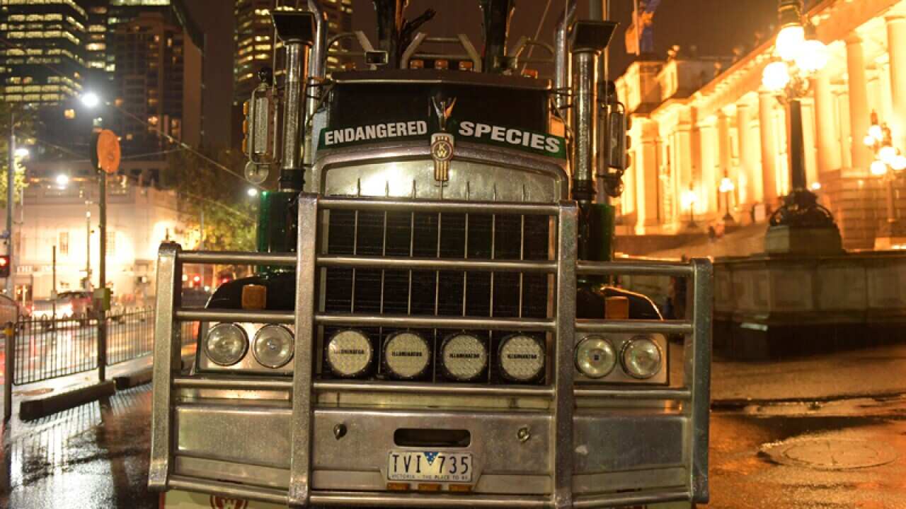 A truck of a Heyfield timber mill worker outside Parliament House