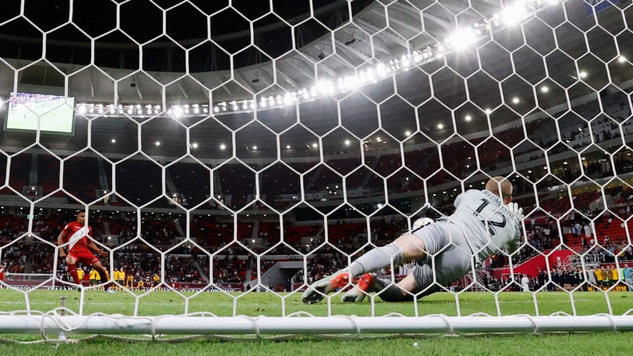 Australia goalkeeper Andrew Redmayne saves a penalty from Peru's Alex Valera (AAP).jpg