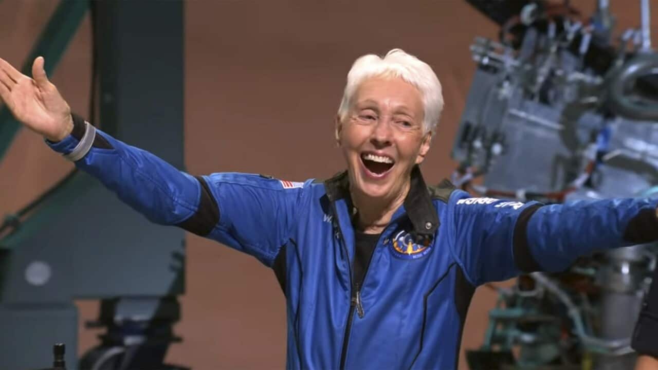 Wally Funk acknowledges the media during a news conference on Tuesday, July 20, 2021 in Van Horn, Texas.