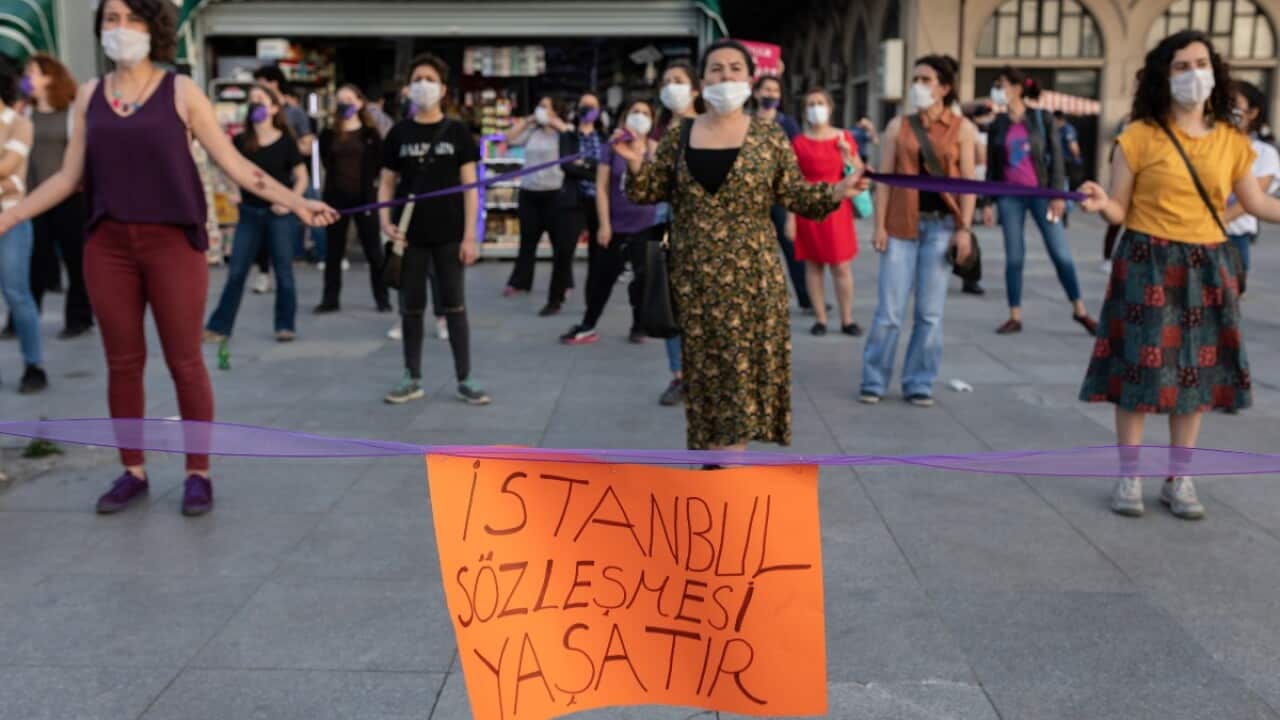 Women wearing protective face masks seen during a demonstration in Istanbul Turkey