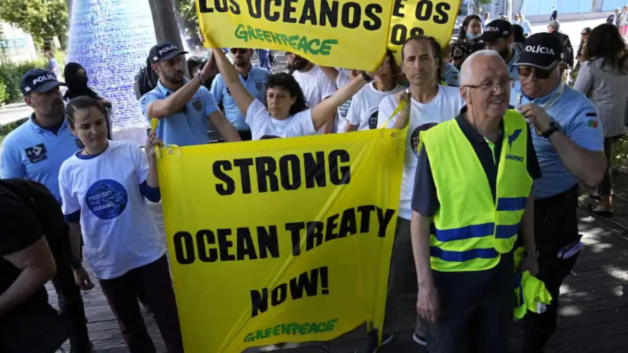 Greenpeace activists call for a global ocean treaty at the United Nations Ocean Conference in Lisbon, June 2022. Source: Armando Franca/AP