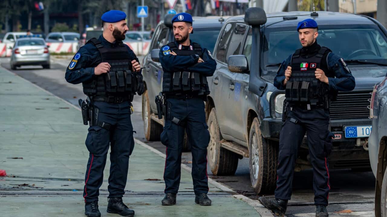 EU Police on duty at the Bridge of Mitrovica in Kosovo
