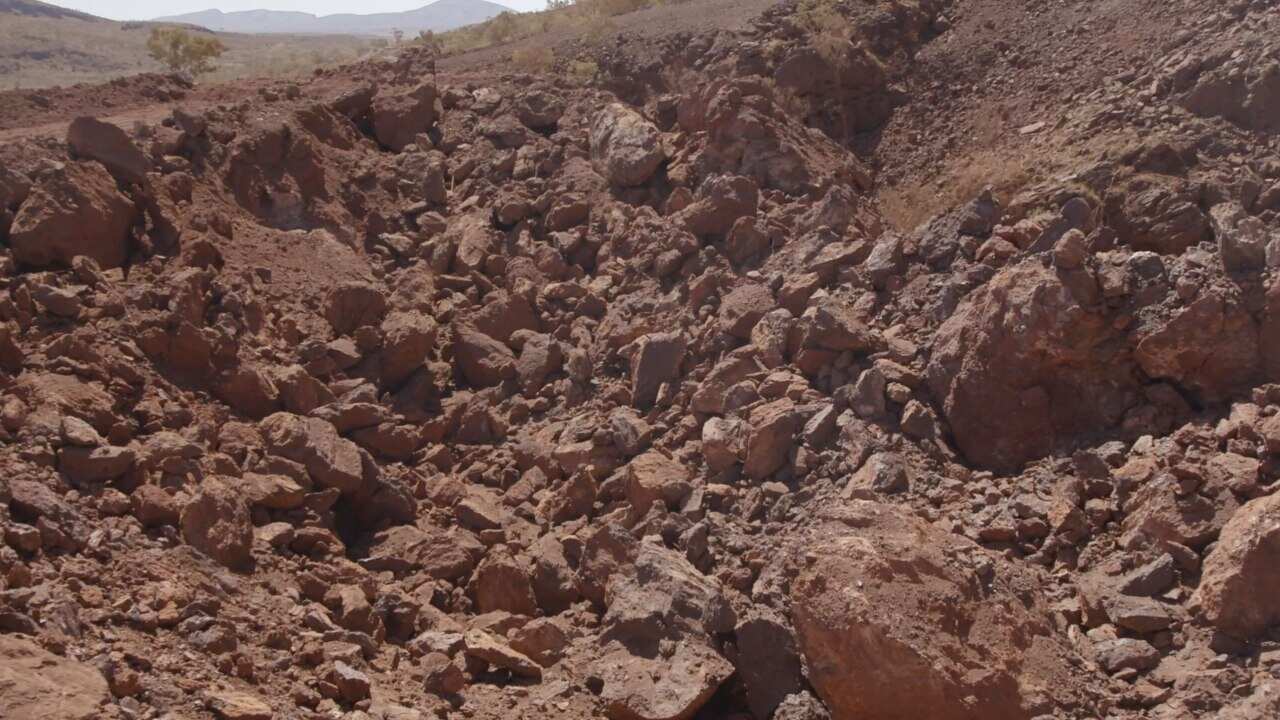 The Juukan Gorge site following its destruction by mining giant Rio Tinto in Western Australia.
