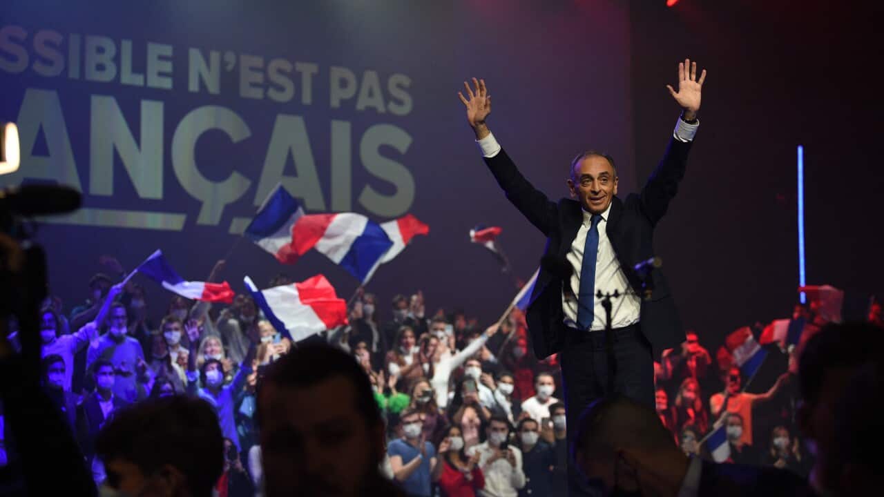 French far-right 2022 presidential candidate Eric Zemmour delivers a speech during his first political meeting at the Villepinte exhibition center, Seine-Saint-Denis, near Paris, France, on Sunday December 5, 2021. Photo by Eliot Blondet/ABACAPRESS.COM.