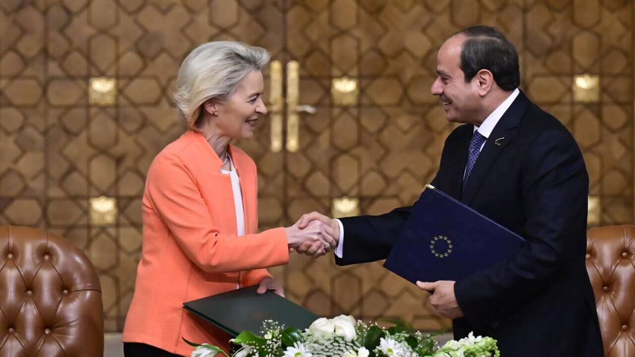 European Commission president Ursula Von der Leyen and Egypt president Abdel Fattah el-Sisi pictured during a diplomatic meeting on Sunday 17 March 2024 in Cairo, Egypt.