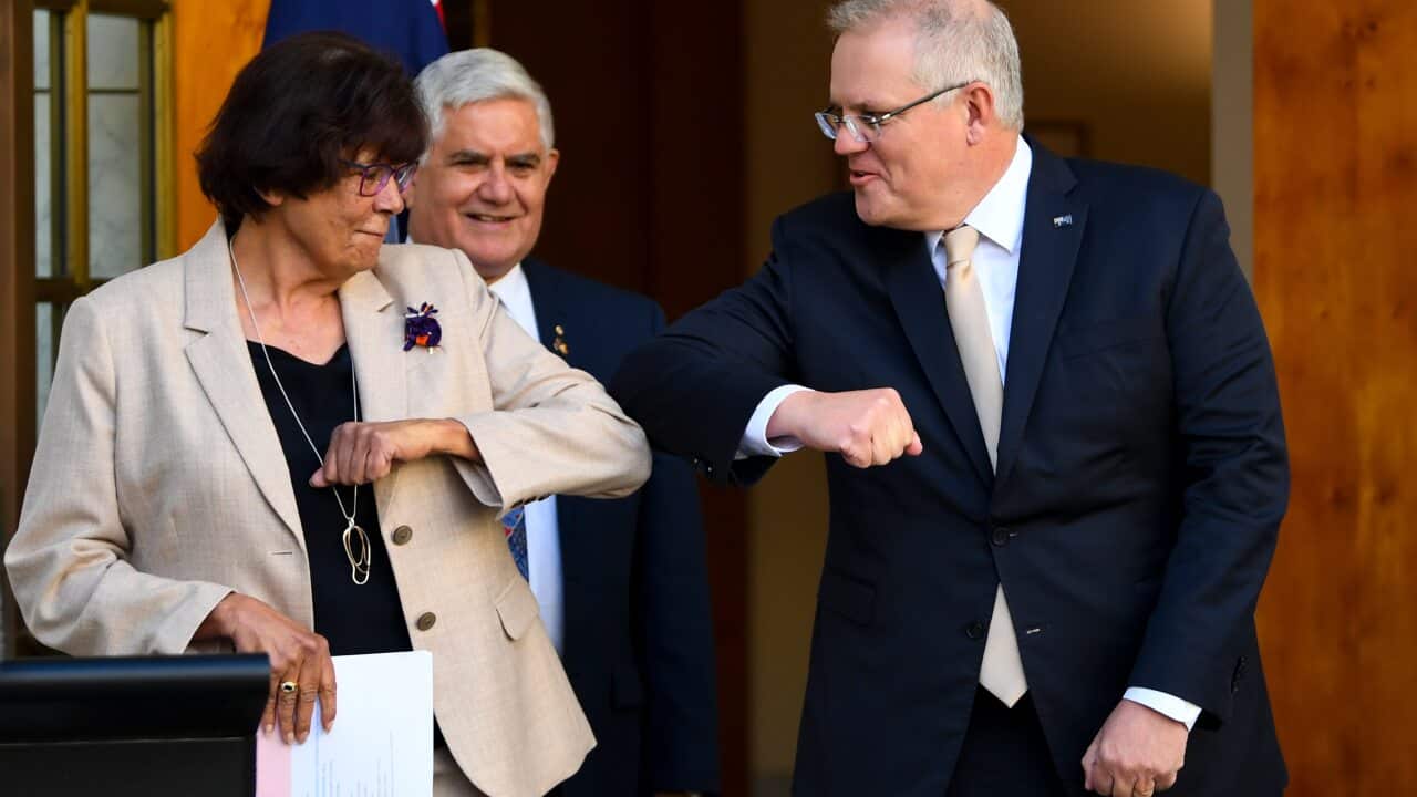 L-R: Advisor on the design of the Indigenous voice to government Pat Turner, Minister for Indigenous Australians Ken Wyatt and Prime Minister Scott Morrison