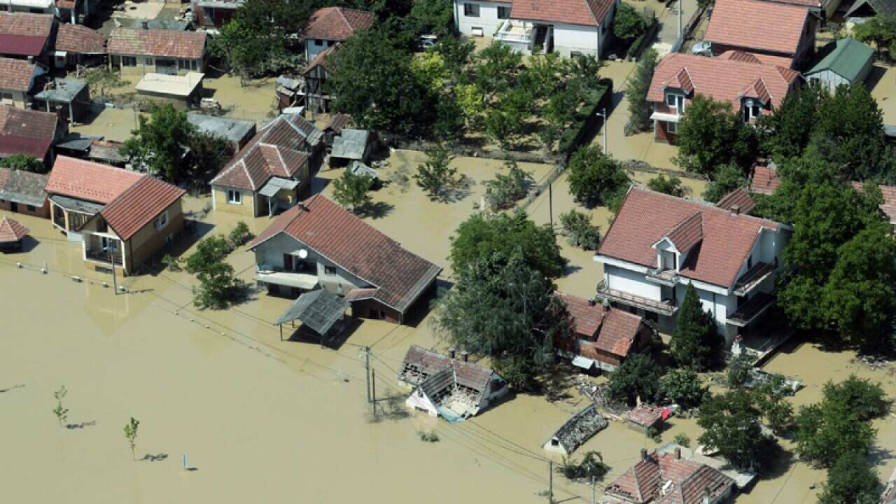 An aerial view of a flooded town south of Belgrade