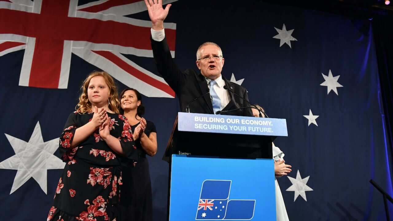 Prime Minister Scott Morrison on election night in 2019 at the Wentworth Sofitel Hotel.