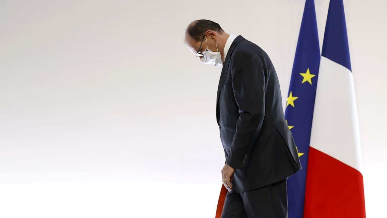 French Prime Minister Jean Castex leaves after a press conference in Paris, France, Thursday Oct.29 2020, announcing the new lockdown measures in order to curb the spread of COVID-19. (Ian Langsdon, Pool via AP)