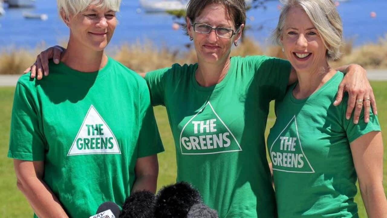Tasmanian Greens MPs Andrea Dawkins, Cassy O'Connor, Rosalie Woodruff