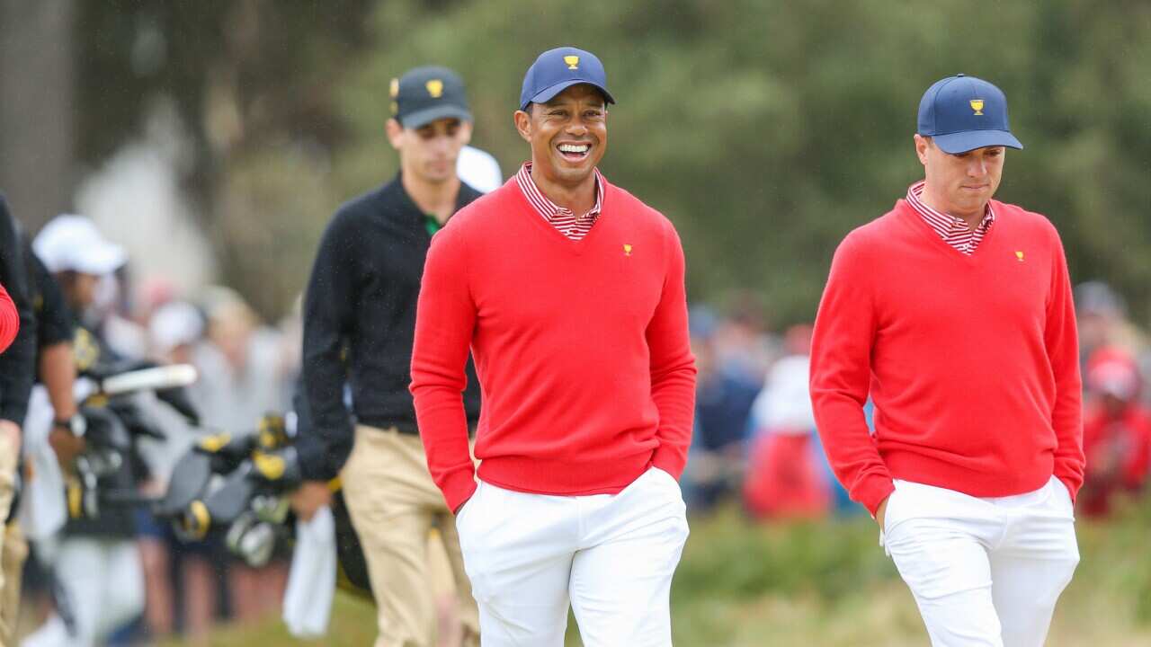 Tiger Woods during the first round of the Presidents Cup golf tournament at the Royal Melbourne Golf Club