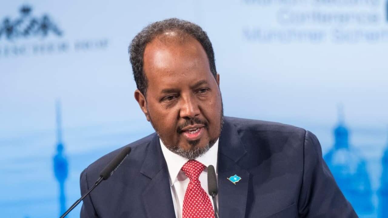 Somalia's President Hassan Sheikh Mohamud speaks at the 52nd Munich Security Conference (MSC) in Munich, southern Germany, on February 14, 2016. / AFP / THOMAS KIENZLE (Photo credit should read THOMAS KIENZLE/AFP/Getty Images)