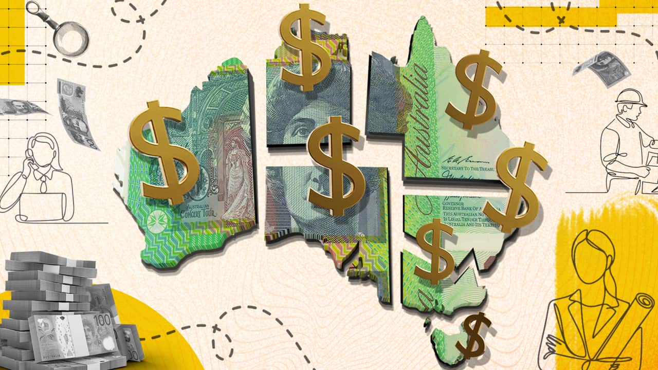 A composite image showing a map of Australia covered in dollar signs and surrounded by illustrations of different workers eg a man with a construction helmet on