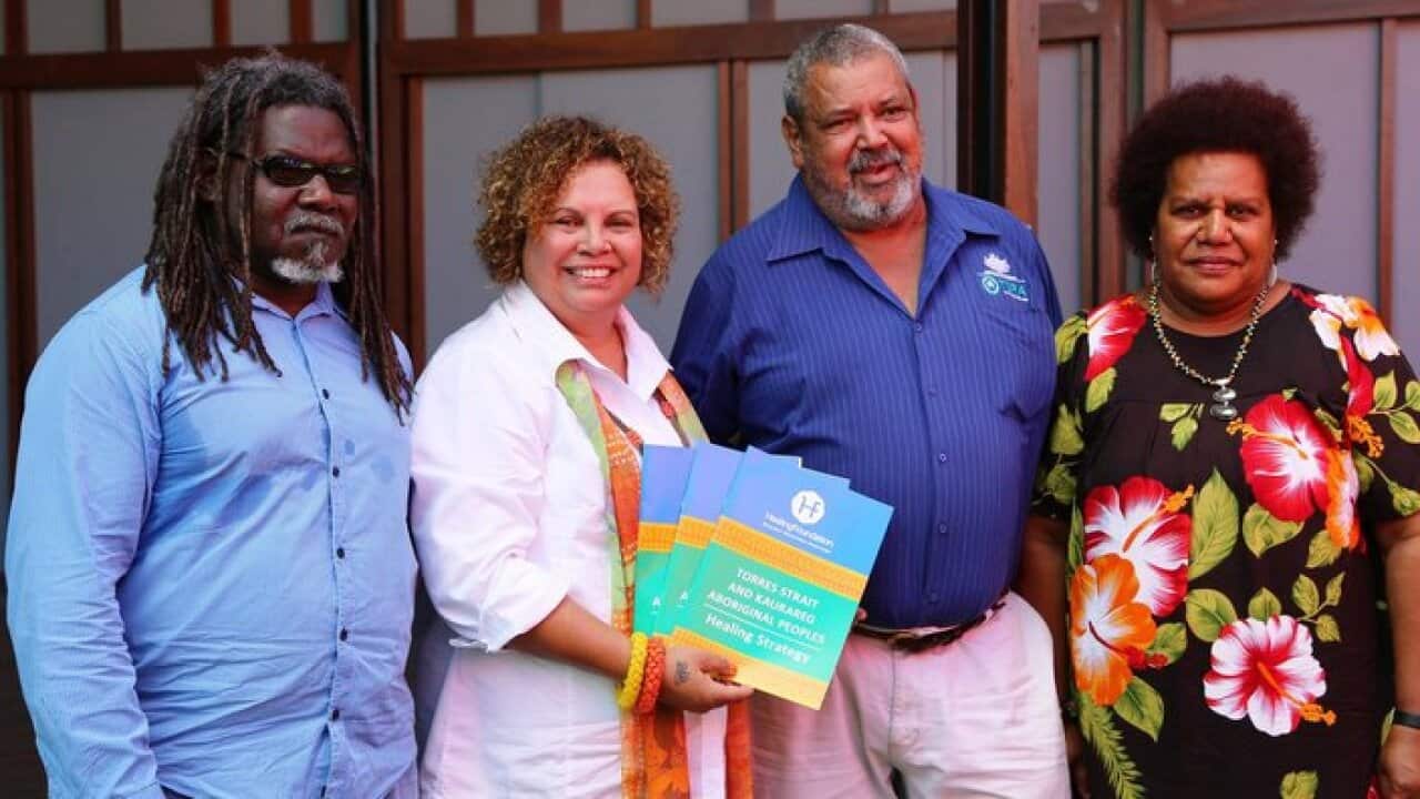 Kaurareg Elder Milton Savage, Leann Wilson, Healing Foundation Deputy Chair, TSRA Chairperson Joseph Elu and Luisa O'Connor, Port Kennedy Association President launched the healing lead strategy report. Facebook/Healing Foundation