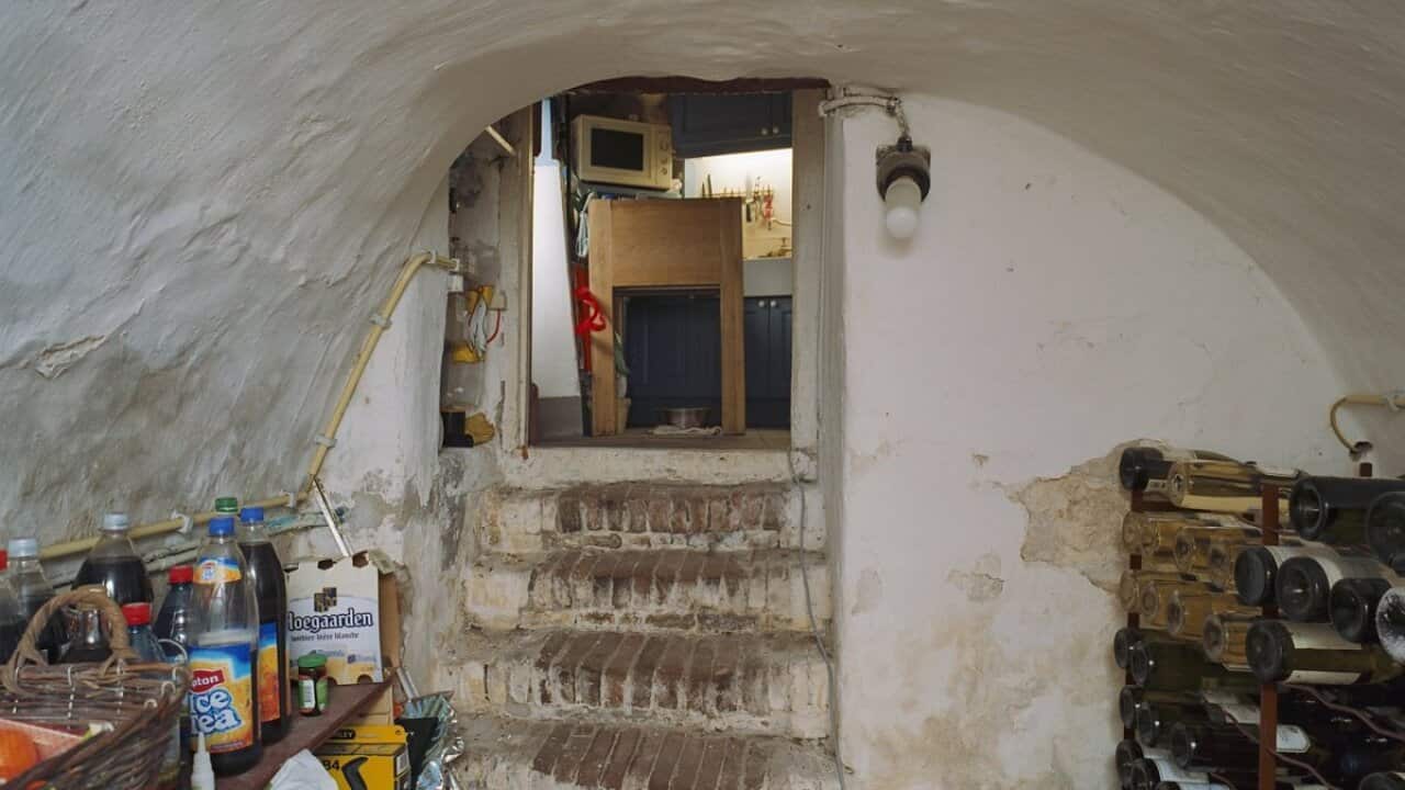 Interieur, overzicht kelder met bakstenen trapentongewelf Helvoirt