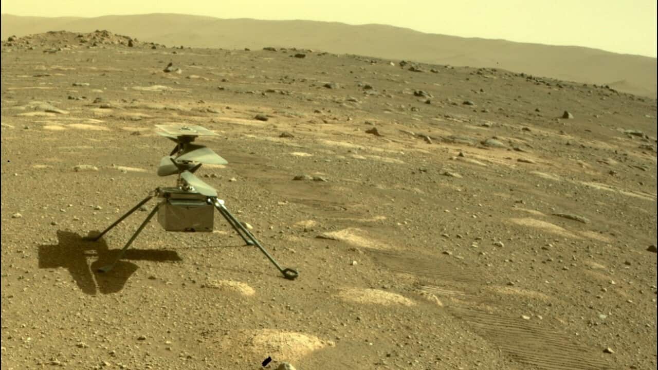 A handout photo made available by NASA shows the Ingenuity Helicopter after it was detached from NASA's Perseverance Mars rover, 04 April 2021. 