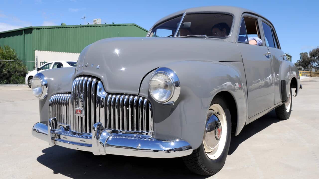 The first Hoden car sold in Australia is taken for a drive at the National Museum in Canberra IN 2011