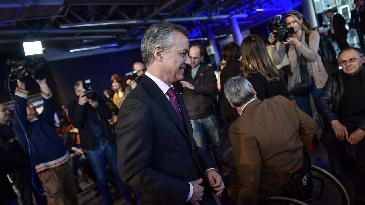Inigo Urkullu, Basque Regional President or Lehendakari in Basque language, smiles as he arrives to an institutional ceremony after the dissolution of the Basque armed separatist group ETA, in the city of Bilbao, northern Spain, Thursday, May 3, 2018.