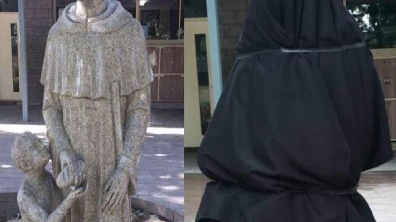 Before and after: The statue at the Adelaide school (L) and the same sculpture covered up. 