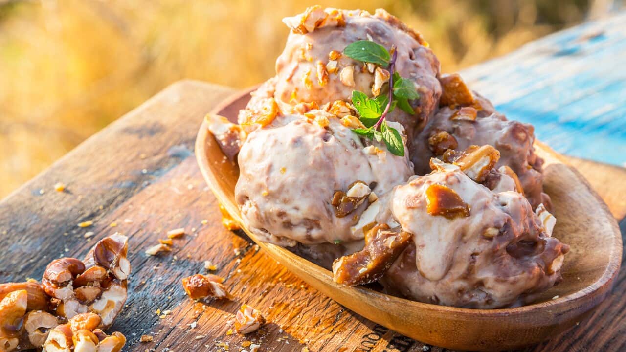 Banana and peanut butter ice cream with cashew brittle
