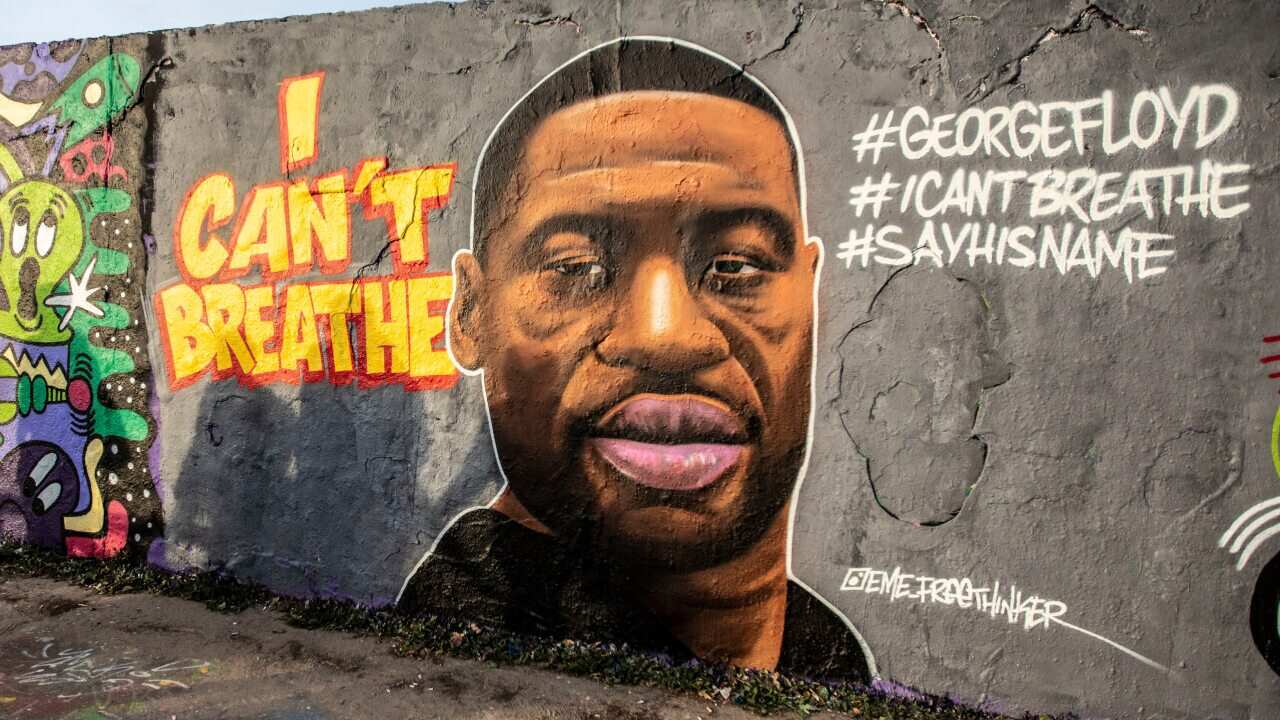 A mural of George Floyd painted by the artist eme_freethinker on a wall at Mauerpark in Berlin, Germany.