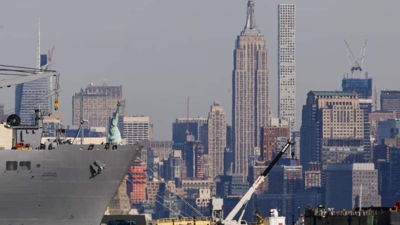 A cargo ship in New York harbour