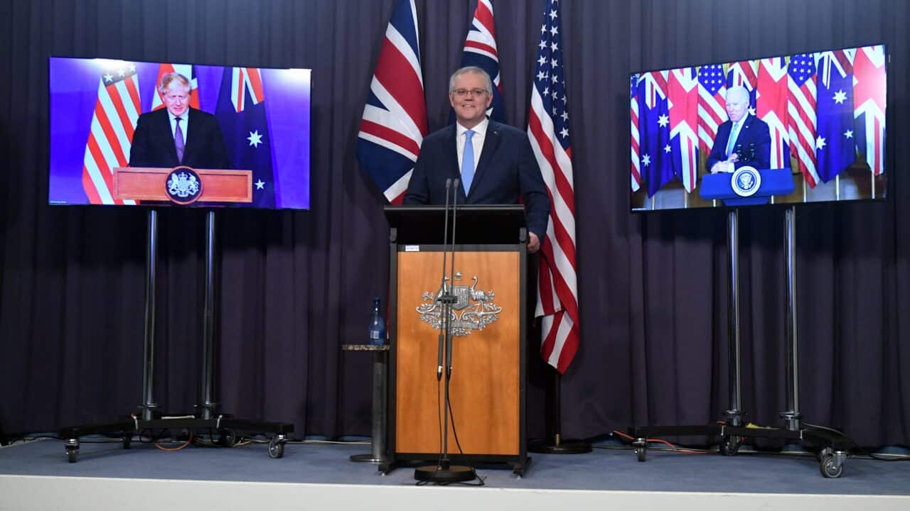Prime Minister Scott Morrison holds a joint press conference with US President Joe Biden and British Prime Minister Boris Johnson.
