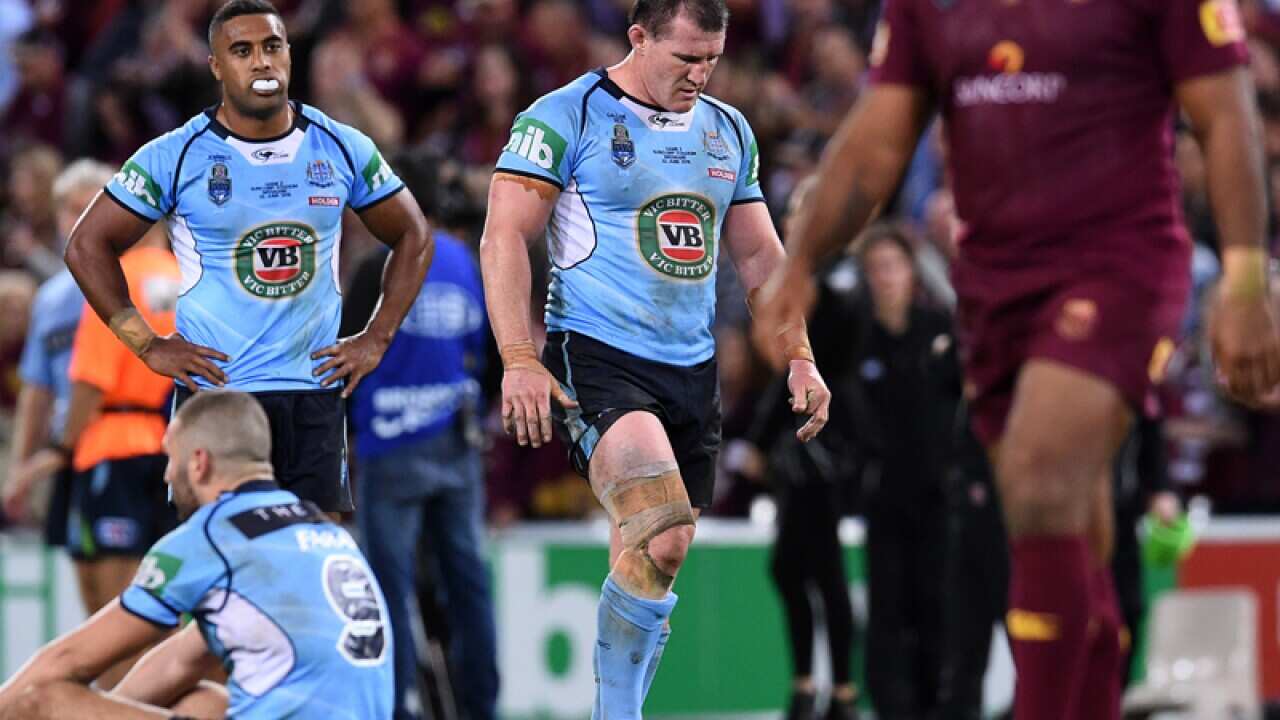NSW Blues Captain Paul Gallen (centre) reacts
