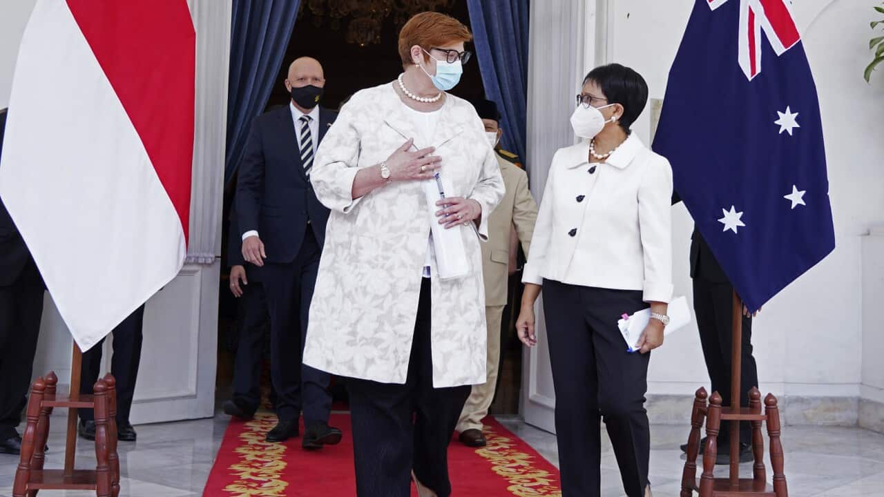 Marise Payne and Peter Dutton walk with their Indonesian counterpart Retno Marsudi
