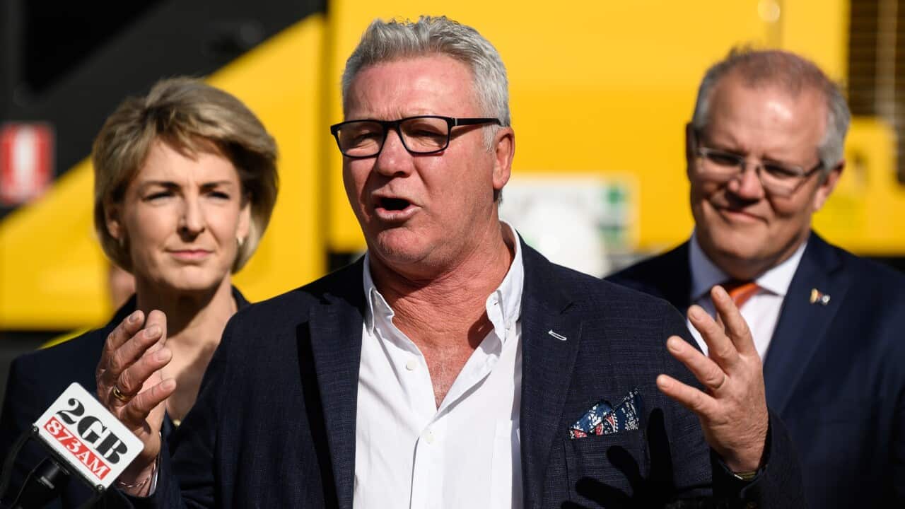 Scott Cam speaking to media alongside Minister for Employment, Skills, Employment Minister Michaelia Cash and Prime Minister Scott Morrison.