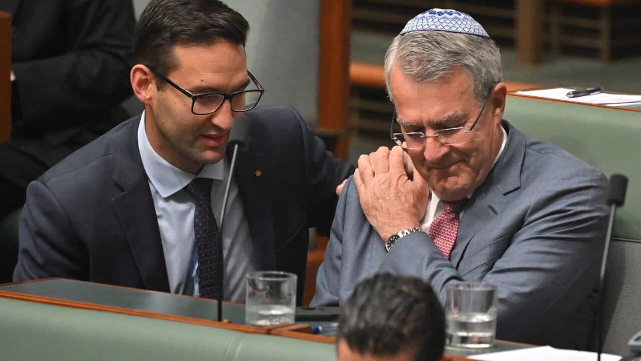 Labor member for Macnamara Josh Burns consoles Labor member for Issacs Mark Dreyfus (AAP)