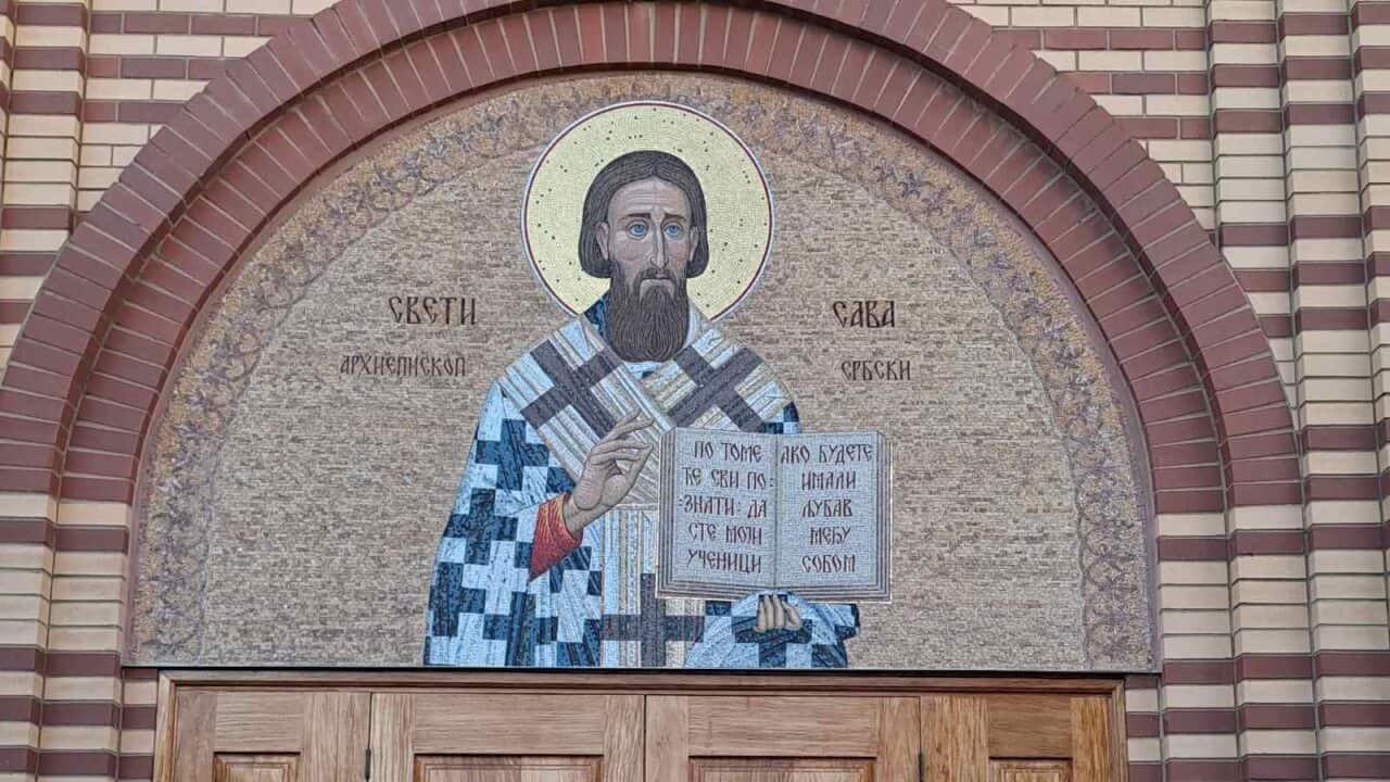 A MOSAIC OF SAINT SAVA INSTALLED AT ST SAVA NEW KALENIC SERBIAN ORTHODOX MONASTERY.jpg