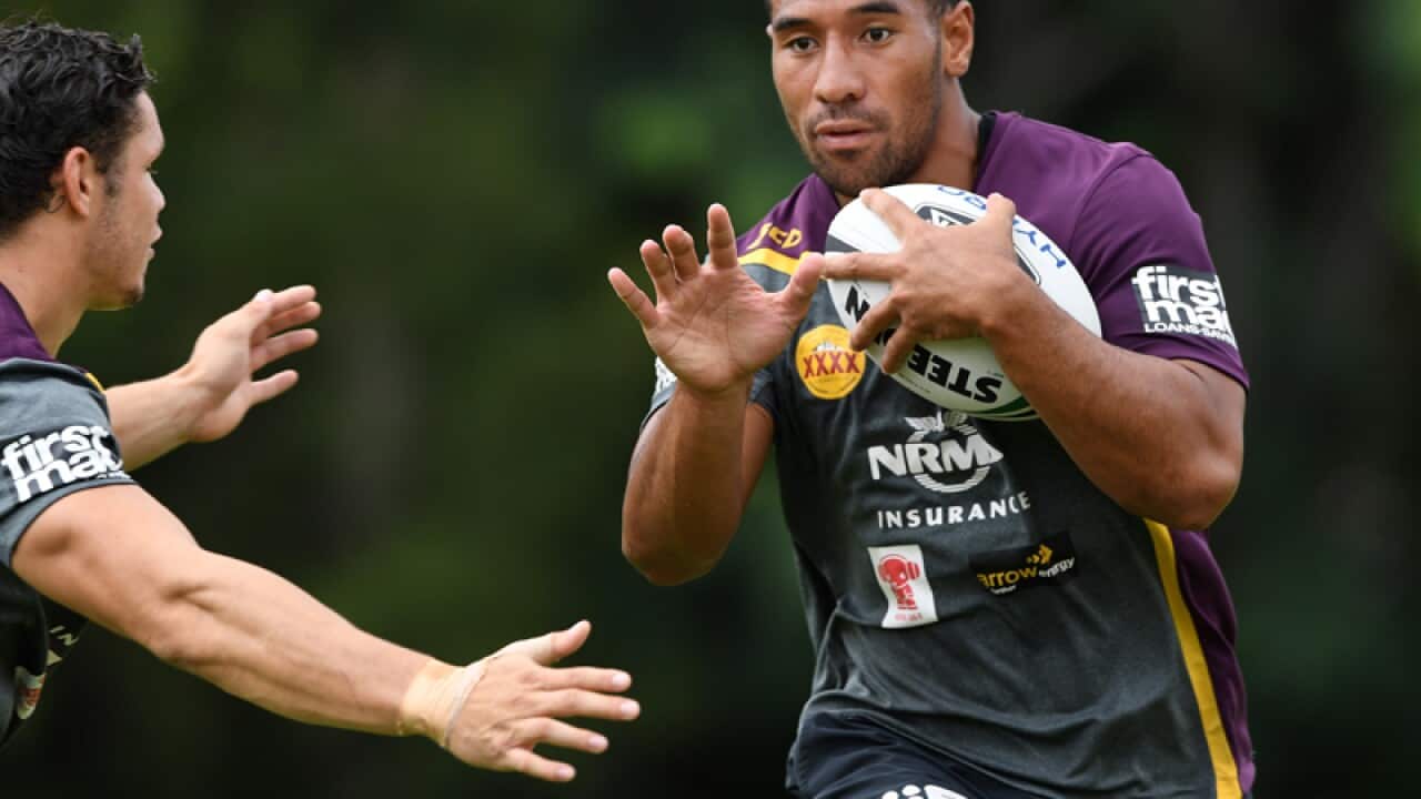 Tautau Moga during a Brisbane Bronco's training session