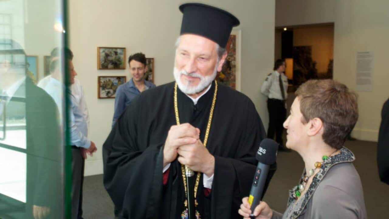 Bishop Irinej giving an interview to SBS in Canberra 2014